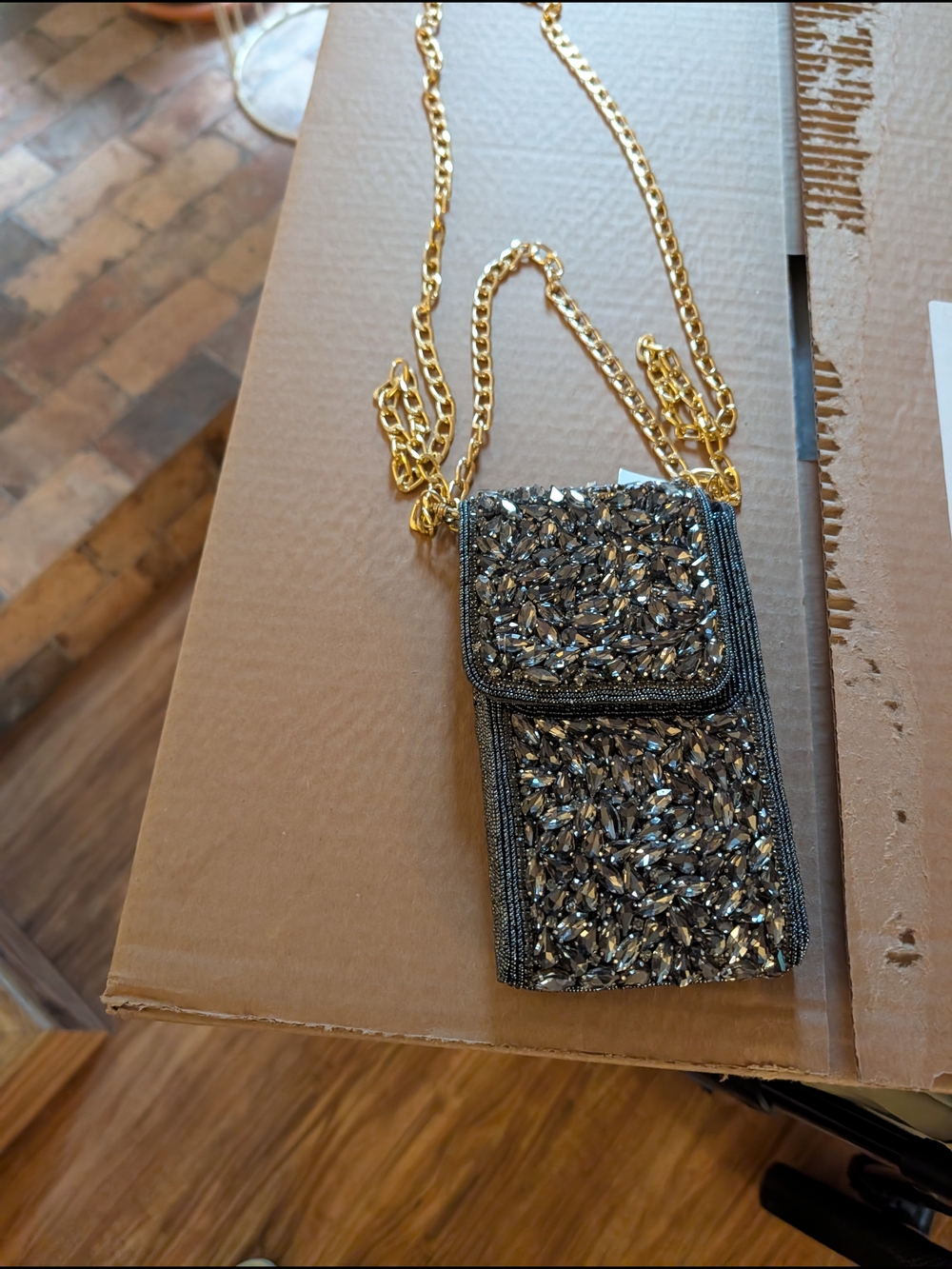 Beaded Crystal Phone Crossbody Bag - Gold Chain